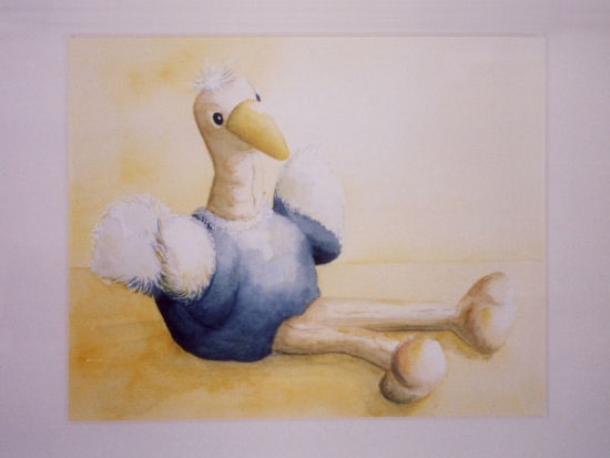 Struisvogel knuffel, 24 x 30 cm, aquarel  1989