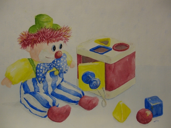 Clowntje met puzzeldoos - vooraanzicht, 30 x 40 cm, aquarel  1997
