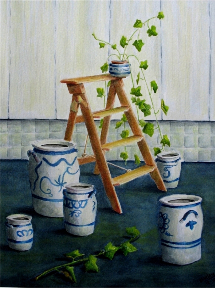 Houten trapje met keulse potten, 40 x 50 cm, aquarel  2008