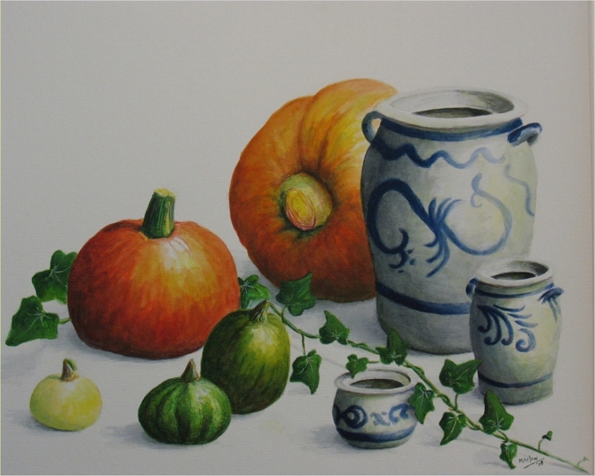 Keulse potten met pompoenen, kalebassen en klimop, 40 x 50 cm, aquarel  2008