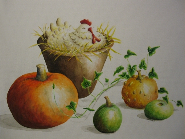 Broedse kip, pompoen en kalebassen, 40x50 cm, Aquarel 2008