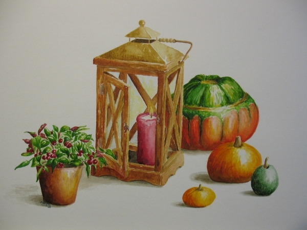 Houten lantaarn, kalebassen en plant, 40x50 cm, Aquarel 2008