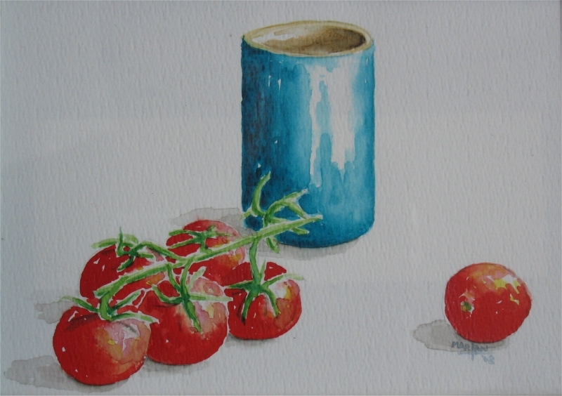 Kleine tomaatjes met vaasje, 17x12 cm, Aquarel 2008