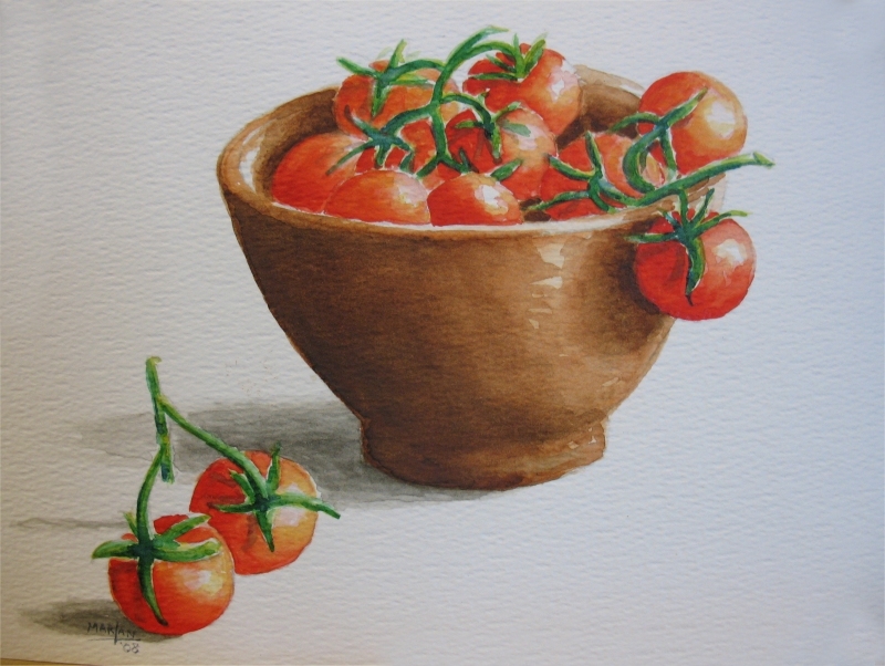 Kleine tomaatjes in kommetje, 17x12 cm, Aquarel 2008