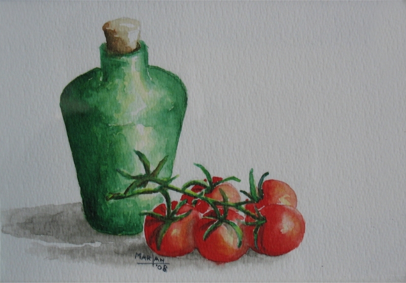 Groen flesje met kleine tomaatjes, 17x12 cm, Aquarel 2008