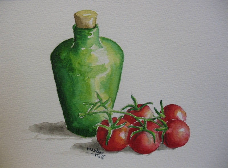 Groen flesjes met kleine tomaatjes, 17x12 cm, Aquarel 2008