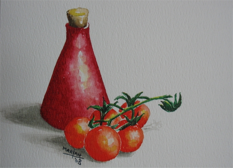 Rood flesje met kleine tomaatjes, 17x12 cm, Aquarel 2008