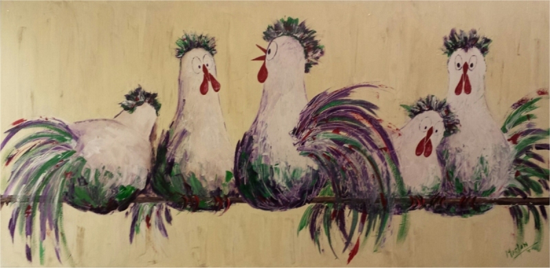 Kippen op stok, 120x60 cm, Acryl op doek 2015