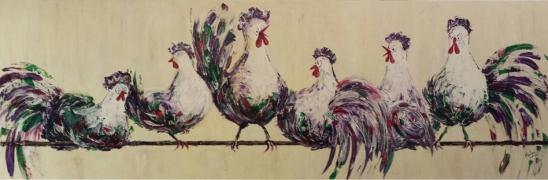 Kippen op stok, 120x60 cm, Acryl op 3D-doek 2015